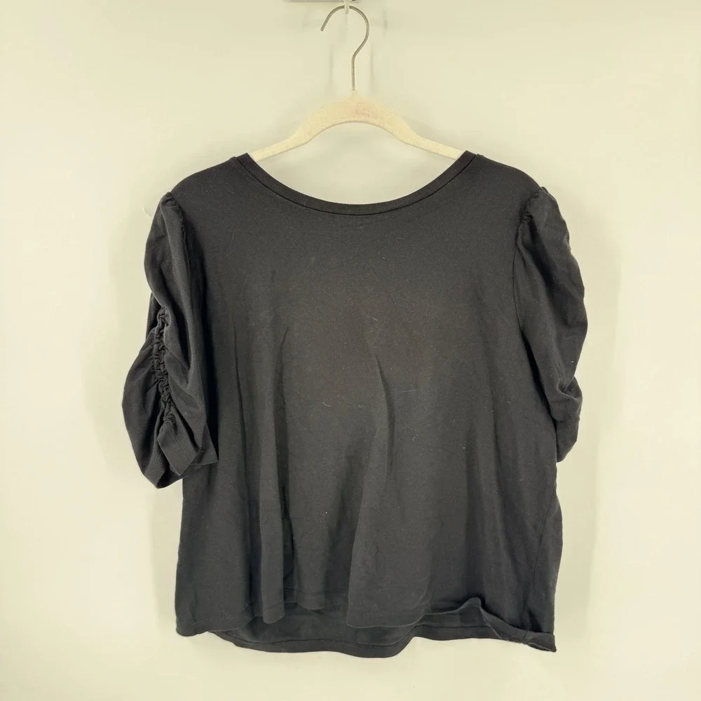 Kate Spade Ruched Puff Sleeve Tee Black XXL Cotton Feminine Designer Top
